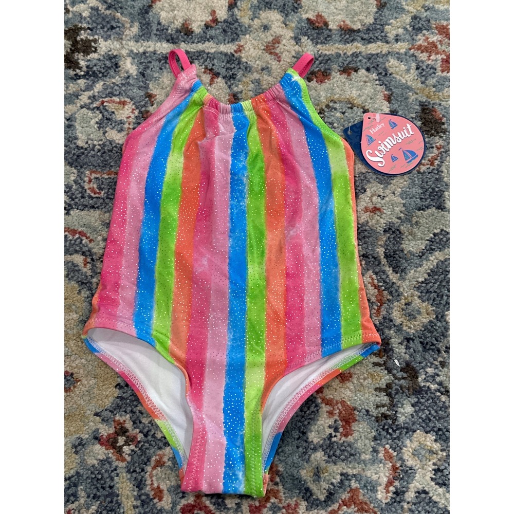 Hatley One Piece Swimsuit Girls 3 Multicolor Rainbow Stripe Glitter Sparkle NWT